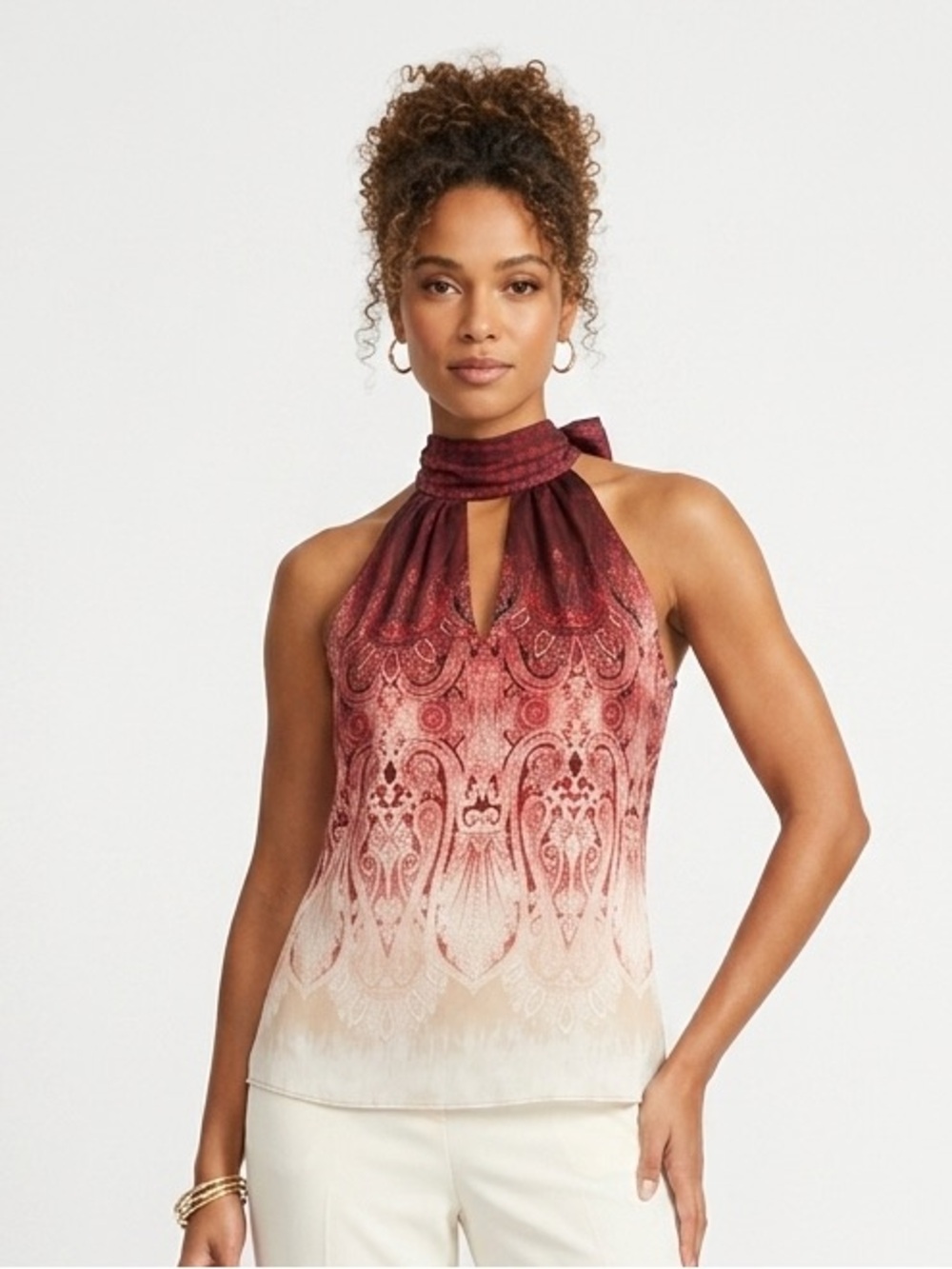 WHBM Red Ivory Ombre Paisley Halter Shell Top Petite Small PS SP $78 EUC